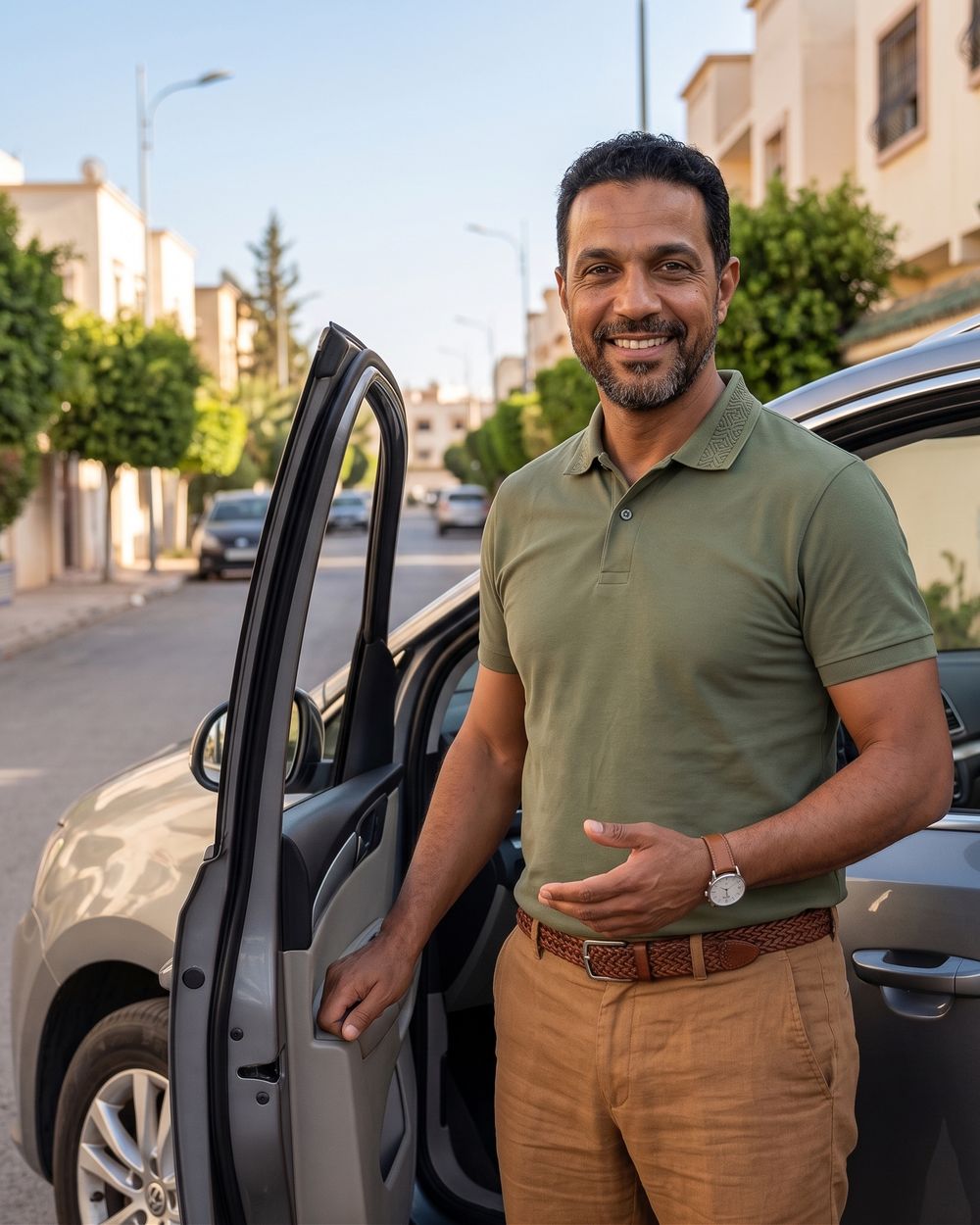 Un chauffeur ouvre la portière d'une voiture familiale